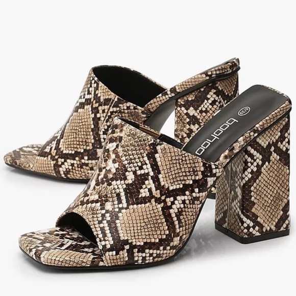 Boohoo Block Heel Mules Sandal Snake Print - Picture 2 of 6